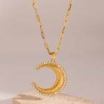 Gold color / 1 Piece Simple Series Punk Moon Stainless Steel  Gold Color Rhinestone Women's Pendant Necklaces 